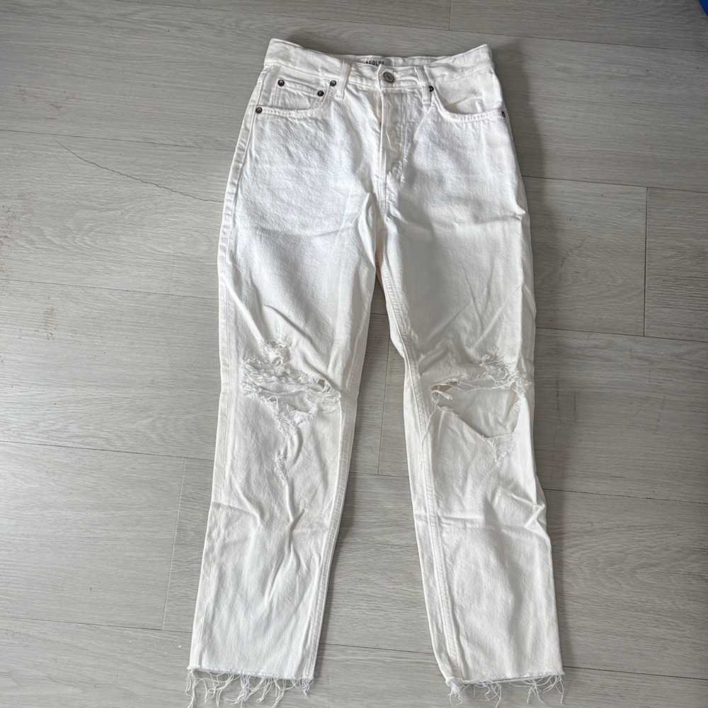 Agolde White Distressed Straight Leg Jeans